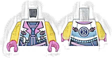 Torso Female Cropped Jacket Open with Zipper, Dark Pink Lapels and Buckles over Dark Blue and Metallic Pink Top, Hourglass on Back Pattern / Yellow Arms / Dark Pink Hands