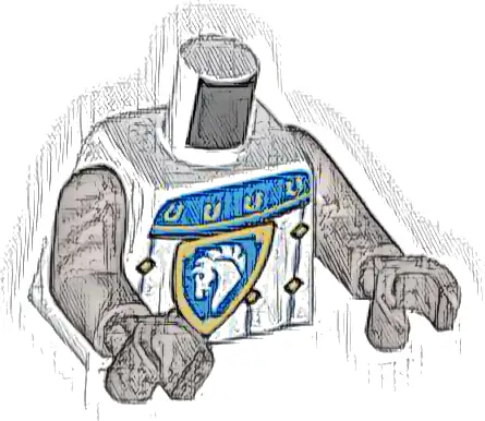 Torso Castle Surcoat, Blue Collar with Gold Horseshoes, Sand Blue Trim with Diamonds, Horse Knight Shield Pattern / Flat Silver Arms / Flat Silver Hands