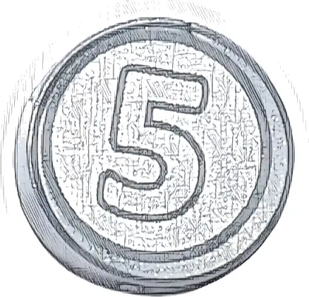 Tile, Round 1 x 1 with Dark Bluish Gray Outlined Number 5 on Silver Background Coin Pattern