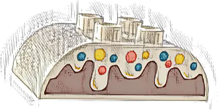 Duplo, Brick 2 x 4 Slope Curved Double with Frosting with Coral, Medium Azure, and Yellow Sprinkles over Reddish Brown Cake Pattern