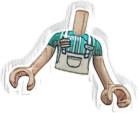 Torso Mini Doll Boy White Apron Top over Dark Turquoise Shirt with Hamburger Pin Pattern, Light Nougat Arms with Hands with Dark Turquoise Short Sleeves