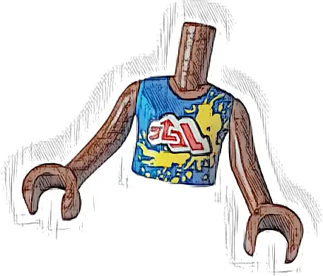 Torso Mini Doll Boy Blue Sleeveless Shirt with Yellow Splotches and White Cloud with Red Symbols Pattern, Reddish Brown Arms with Hands