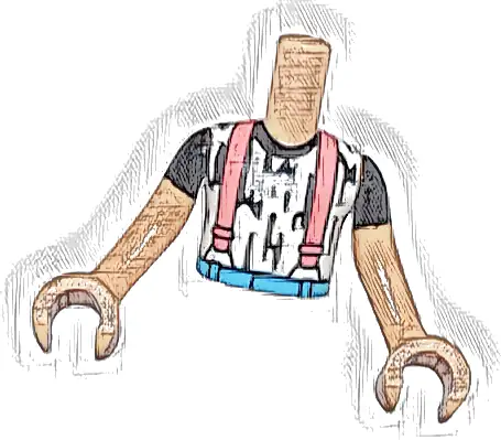 Torso Mini Doll Boy White Shirt with Black Stripes, Coral Suspenders and Dark Azure Belt Pattern, Medium Tan Arms with Hands with Black Short Sleeves