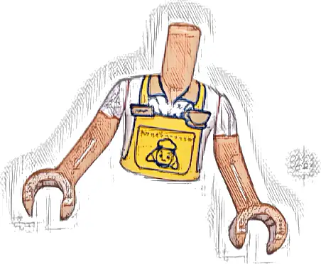 Torso Mini Doll Boy Bright Light Orange Apron over White Shirt, Medium Nougat Coffee Cup, Croissant on Back Pattern, Nougat Arms with Hands with White Short Sleeves