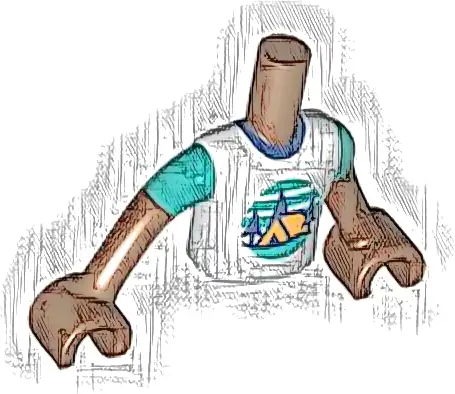 Torso Mini Doll Boy White T-Shirt with Orange Tent, Dark Blue Trees, Dark Turquoise Sky and Ground Pattern, Reddish Brown Arms with Hands with Dark Turquoise Short Sleeves