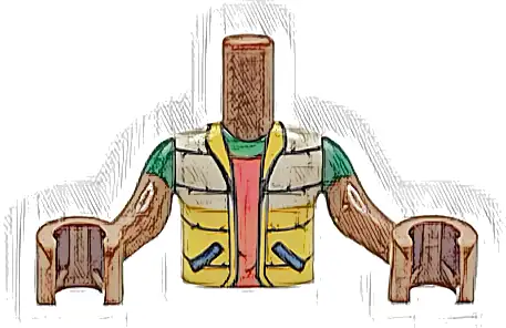 Torso Mini Doll Boy White Jacket with Blue Pockets, Yellow Bottom and Collar over Red Shirt, 'POW! in Star on Back Pattern, Reddish Brown Arms with Hands with Green Short Sleeves