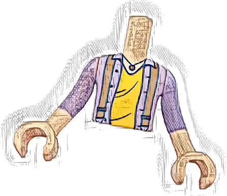 Torso Mini Doll Boy Lavender Shirt Open with Dark Blue Buttons over Orange Undershirt, Dark Orange Suspenders and Necklace Pattern, Light Nougat Arms with Hands with Lavender Long Sleeves