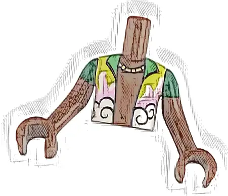 Część LEGO® FTBpb143c01 Tułów mini lalki chłopca jasny zielony, jaskraworóżowy, limonkowy i biały, koszula rozpięta z naszyjnikiem (wzór), czerwonobrązowe ramiona z dłońmi z krótkimi zielonymi rękawami