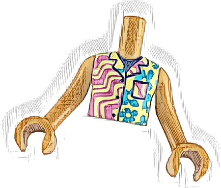 Torso Mini Doll Boy Yellowish Green Sleeveless Shirt with Dark Azure Flowers and Dark Pink Wavy Stripes Pattern, Medium Nougat Arms with Hands