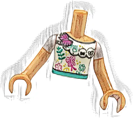 Torso Mini Doll Girl White Blouse Top with Flowers and Butterflies Pattern, Nougat Arms with Hands with White Short Sleeves