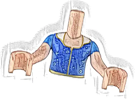 Torso Mini Doll Girl Blue Top with Gold Seam and Trim, Silver Circles and Stars Pattern, Light Nougat Arms with Hands with Dark Azure Short Sleeves