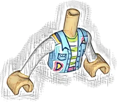 Torso Mini Doll Girl Bright Light Blue Vest with Pockets and Lime and White Striped Shirt Pattern, Medium Tan Arms with Hands with White Long Sleeves