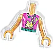 Część LEGO® FTGpb398c01 Tułów Mini Laleczka Dziewczyna Magentowa Bluzka, Naszyjnik z Gwiazdą, Ciemnoturkusowy Pasek, Jasnożółty Obcy z Wykrzyknikiem Wzór, Brzoskwiniowe Ręce z Dłońmi