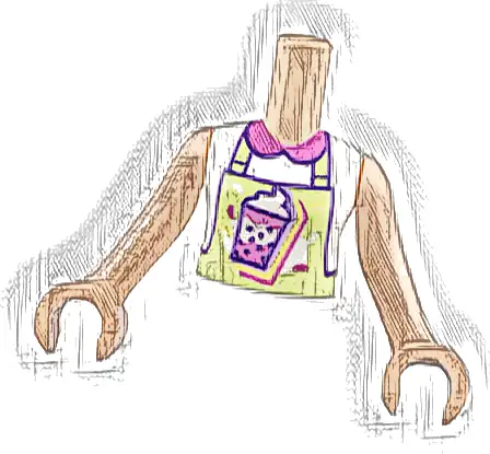 Torso Mini Doll Girl White Shirt, Dark Pink Collar, Yellowish Green Apron, Bubble Tea Pattern, Light Nougat Arms with Hands