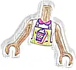 Część LEGO® FTGpb399c01 Tułów Mini Laleczka Dziewczyna Biała Koszula, Ciemnoróżowy Kołnierzyk, Żółtozielony Fartuch, Wzór Bubble Tea, Jasnobrzoskwiniowe Ręce z Dłońmi