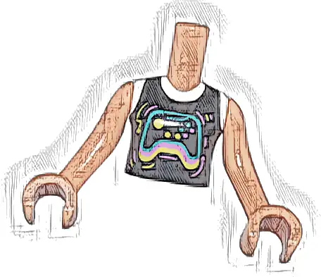 Torso Mini Doll Girl Black and White Shirt with Dark Turquoise, Bright Pink, and Yellow Video Game Controller Pattern, Nougat Arms with Hands