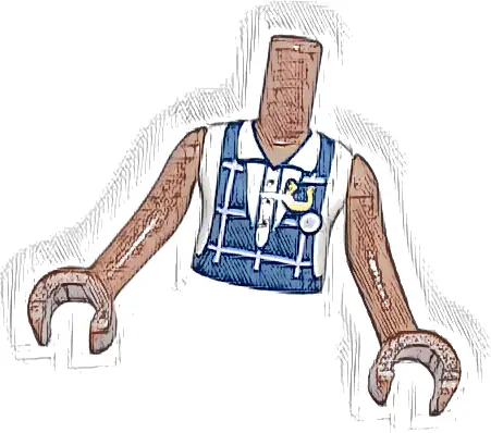 Torso Mini Doll Girl Dark Blue Gym Slip Top, Bright Pink Plaid with Gold Horseshoe over White Blouse Pattern, Medium Brown Arms with Hands