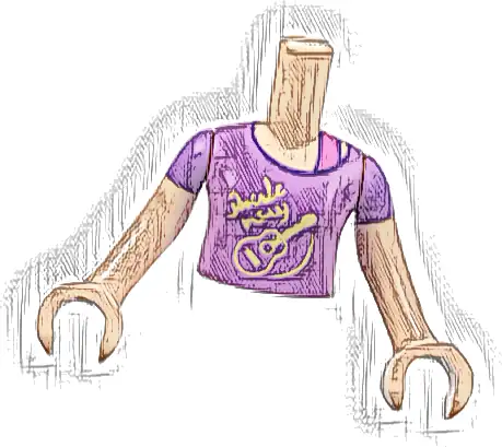 Torso Mini Doll Girl Medium Lavender Top with Bright Light Yellow Guitar Pattern, Light Nougat Arms with Hands with Medium Lavender Short Sleeves