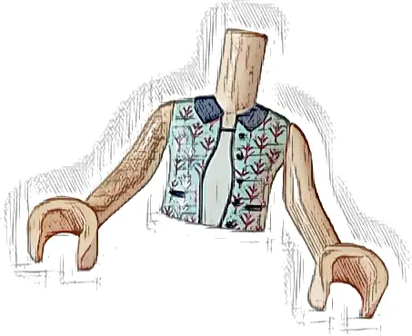 Torso Mini Doll Girl Light Aqua Sleeveless Vest with Dark Blue Pockets, Buttons and Collar, and Metallic Pink Branches over White Shirt Pattern, Light Nougat Arms with Hands