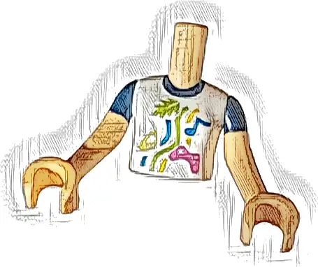 Torso Mini Doll Girl White Shirt with Dark Blue Collar, Dark Pink Video Game Controller, Blue Musical Note, Lime Leaf, Yellow Lemon Slice, Wavy Lines Pattern, Medium Tan Arms with Hands with Dark Blue