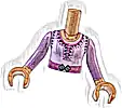 Część LEGO® FTGpb444c01 Tułów Mini Laleczka Dziewczyna Lawendowa Bluzka z Magentowym Paskiem, Średnioniebieską Klamrą i Ciemnofioletowymi Trójkątami, Kropkami i Sznurowaniem Wzór, Średniobrązowe Ręce i Dłonie z Lawendowymi Długimi Rękawami