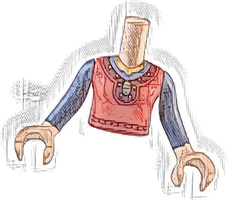 Torso Mini Doll Girl Red Top with Dark Red Hem, Gold Collar and Sparkles Pattern, Light Nougat Arms and Hands with Sand Blue Long Sleeves