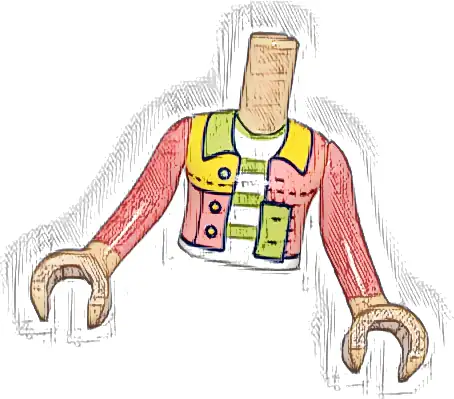 Torso Mini Doll Girl Coral, Lime, and Bright Light Orange Patchwork Jacket Open over White Shirt with Stripes Pattern, Medium Tan Arms with Hands with Coral Long Sleeves