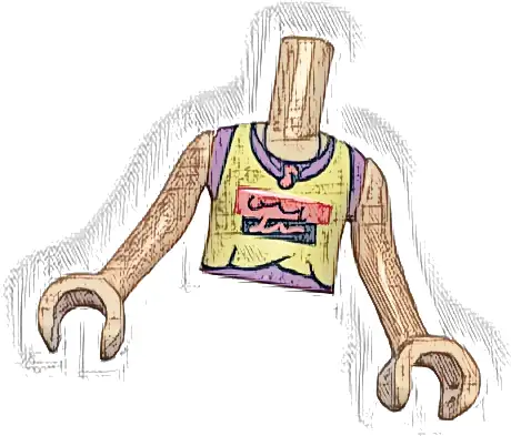 Torso Mini Doll Girl Bright Light Yellow Tank Top over Medium Lavender Sleeveless Shirt, Black and Coral Panels and Music Note Necklace Pattern, Light Nougat Arms with Hands