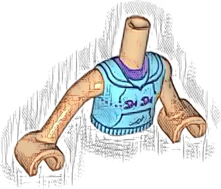 Torso Mini Doll Girl Medium Azure Sleeveless Hoodie with Dark Purple Neck, Fish and Dots Pattern, Nougat Arms with Hands