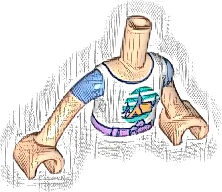 Torso Mini Doll Girl White T-Shirt with Orange Tent, Dark Blue Trees, Dark Turquoise Sky and Ground, Medium Lavender Belt Pattern, Light Nougat Arms with Hands with Medium Blue Short Sleeves