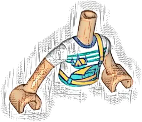 Torso Mini Doll Girl Dark Turquoise and Bright Light Orange Overalls over White T-Shirt with Orange Tent and Dark Blue Trees Pattern, Nougat Arms with Hands with White Short Sleeves