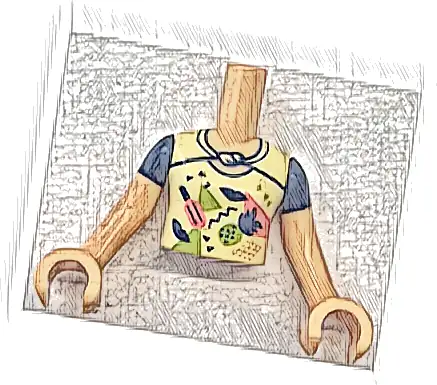 Torso Mini Doll Girl Bright Light Yellow Top with Coral and Lime Popsicle, Pineapple, Triangles and Shapes Pattern, Medium Tan Arms with Hands with Dark Blue Short Sleeves