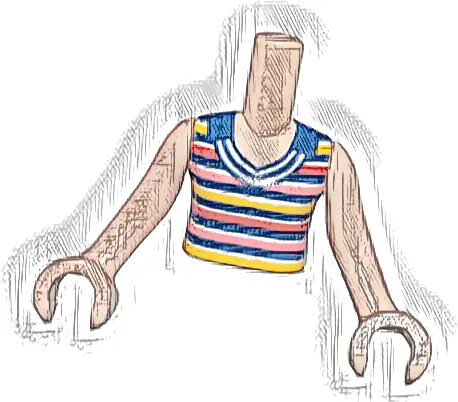 Torso Mini Doll Girl Dark Blue Sleeveless Top with White, Red, Coral, and Bright Light Orange Stripes Pattern, Light Nougat Arms with Hands