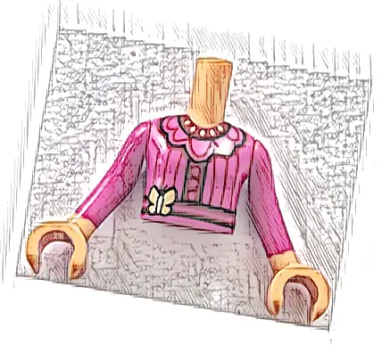 Torso Mini Doll Girl Magenta Dress Top with Belt, Gold Butterfly, Dark Red Trim and Stripes Pattern, Nougat Arms with Hands with Magenta Long Sleeves