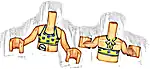 Część LEGO® FTGpb485c01 Tors lalki dziewczynki, limonkowy stanik bikini z sylwetkami kotów w piaskowym niebieskim kolorze, jasnoszary worek stomijny i ciemnopomarańczowa blizna na brzuchu (wzór), nugatowe ramiona z rękami