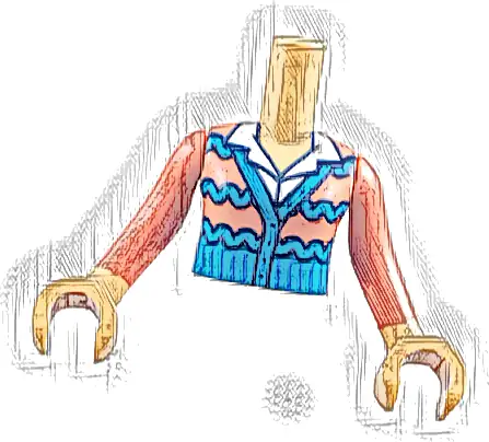 Torso Mini Doll Girl Coral Cardigan Sweater with Dark Azure Wavy Stripes and Trim over White Shirt Pattern, Medium Tan Arms with Hands with Coral Long Sleeves