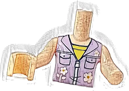 Torso Mini Doll Girl Lavender Sleeveless Jacket with Dark Blue Pockets and White Flowers and Zipper over Yellow Top Pattern, Light Nougat Arm Left, Light Nougat Arm with Hand Right