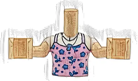 Torso Mini Doll Girl Bright Pink Tank Top with Dark Azure Flowers and Dark Blue Necklace with Music Note over White T-Shirt Pattern, Light Nougat Arms with Hands with White Short Sleeves
