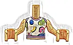 Część LEGO® FTGpb511c01 Tułów mini lalka dziewczyna biały top na ramiączkach z ciemnoróżową lamówką, czarnymi liniami i kropkami oraz niebieskimi, limonkowymi i żółtymi kształtami (wzór), średniobrązowe ręce z dłońmi