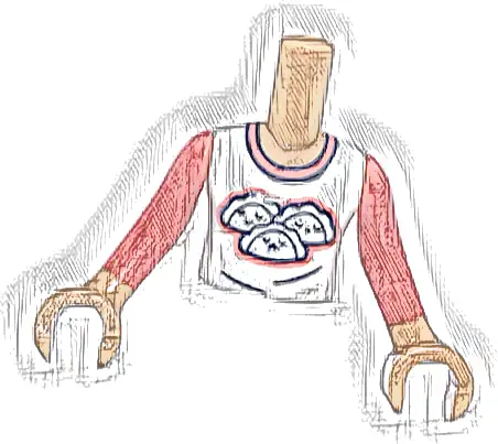 Torso Mini Doll Girl White T-Shirt with Dumplings / Sleeping Faces, Coral and Dark Blue Trim Pattern, Medium Tan Arms with Hands with Coral Long Sleeves