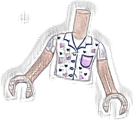 Torso Mini Doll Girl White Pajama Top with Hearts, Bright Pink Pocket, and Dark Blue Trim and Buttons Pattern, Light Nougat Arms with Hands with White Short Sleeves