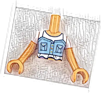 Torso Mini Doll Girl Bright Light Blue Vest with Dark Blue Pockets over White T-Shirt with Folds, Medium Lavender Ostomy Bag Pattern, Nougat Arms with Hands with White Short Sleeves