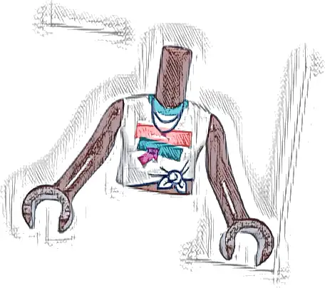 Torso Mini Doll Girl White Knotted Sleeveless Shirt with Coral and Dark Turquoise Panels and Collar, Magenta Arrow and Dot, Dark Blue Necklace with Bow on Back Pattern, Reddish Brown Arms with Hands