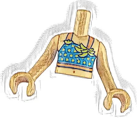 Torso Mini Doll Girl Dark Azure Sleeveless Top Short with Reddish Orange Straps, Yellow Dots, Lime Leaves Pattern, Medium Tan Arms with Hands