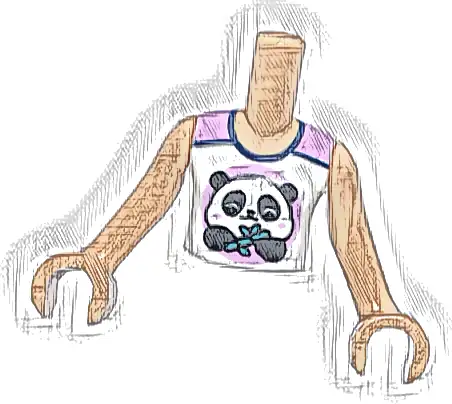 Torso Mini Doll Girl White and Bright Pink Sleeveless Top, Dark Blue Trim, Panda Bear and Bamboo Pattern, Medium Tan Arms with Hands