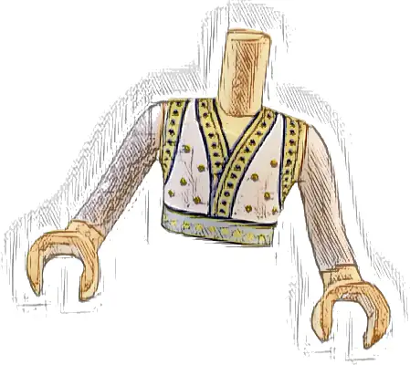 Torso Mini Doll Man Robe with Gold and Black Trim and Sparkles and Metallic Light Blue Belt Pattern, Medium Tan Arms and Hands with White Long Sleeves