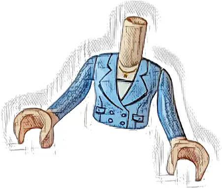 Torso Mini Doll Woman Bright Light Blue Jacket with Black Pockets, Buttons and Collar, Gold Necklace with Star over White Shirt Pattern, Light Nougat Arms with Hands with Bright Light Blue Long Sleeve