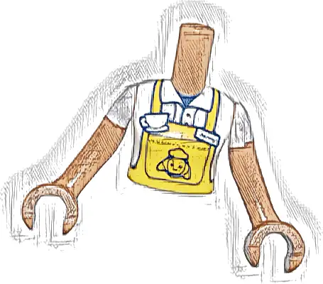 Torso Mini Doll Woman Bright Light Orange Apron over Shirt, White Coffee Cup, Croissant on Back Pattern, Medium Nougat Arms with Hands with White Short Sleeves