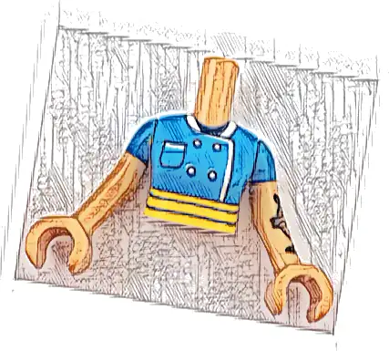 Torso Mini Doll Woman Dark Azure Chef Jacket with Pocket and White Trim, Dark Blue Neck and Bright Light Orange Apron Belt Pattern, Nougat Arms with Hands with Dark Azure Short Sleeves and Black Fish 