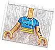 Część LEGO® FTWpb388c01 Tułów mini lalki kobiety, ciemno lazurowa marynarka kucharza z kieszenią i białymi lamówkami, ciemnoniebieski kołnierz i jaskrawopomarańczowy pasek fartucha (wzór), nugatowe ręce z dłońmi, ciemno lazurowe krótkie rękawy i czarna ryba